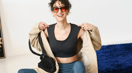 Casual look of woman featuring Etalon posture bra, integrated into daily wear.