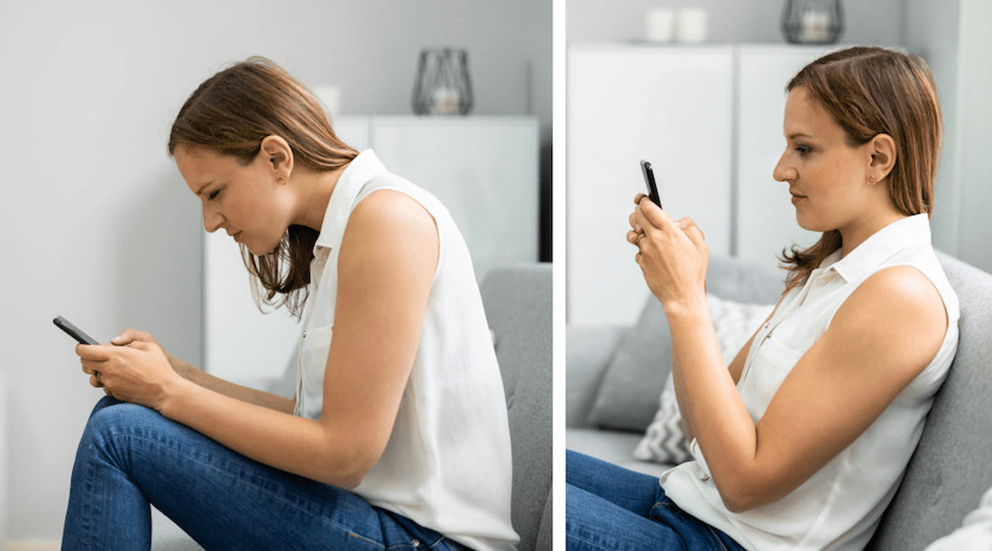 Side-by-side comparison of a woman: on left, hunched over looking at cellphone; on right, sitting upright using cellphone with better posture.