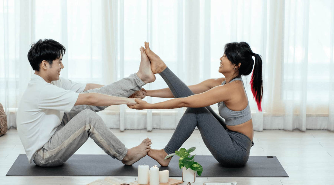 Two people performing posture exercises, debunking common myths about posture correction.