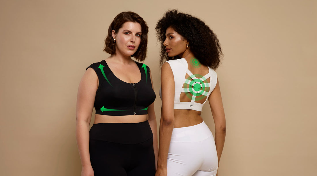 Two women wearing black and white Etalon Posture Improving Bras with the benefits of back alignment and support.